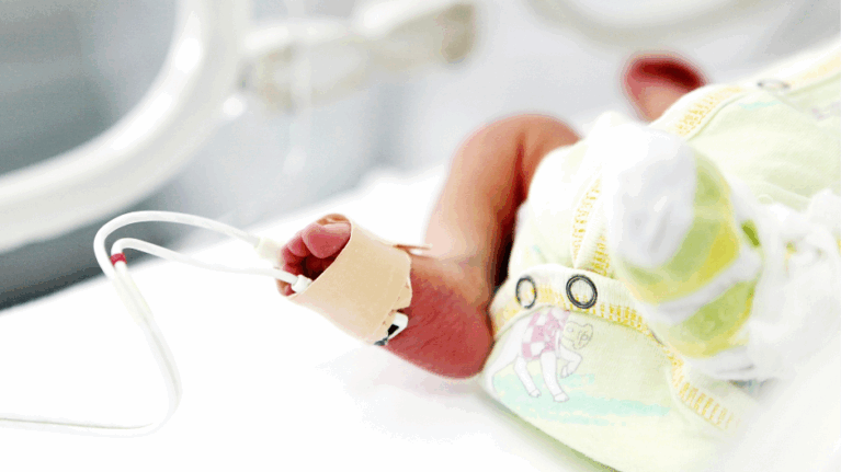 A premature baby's foot, with monitor attached, in an incubator