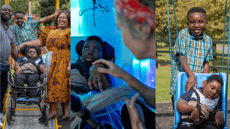 A collage of three images. Left to right are: A family of four pose for a photo, surrounding their child who is on a wheelchair friendly swing. A child is holding hands with his carer in the sensory room. A child is being pushed in his swing by his big brother.