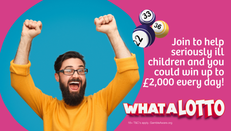 A man with a yellow jumper celebrates he is surrounded by text which reads Join the WhataLotto Lottery to help seriously ill children and you could win £2,000 every day!